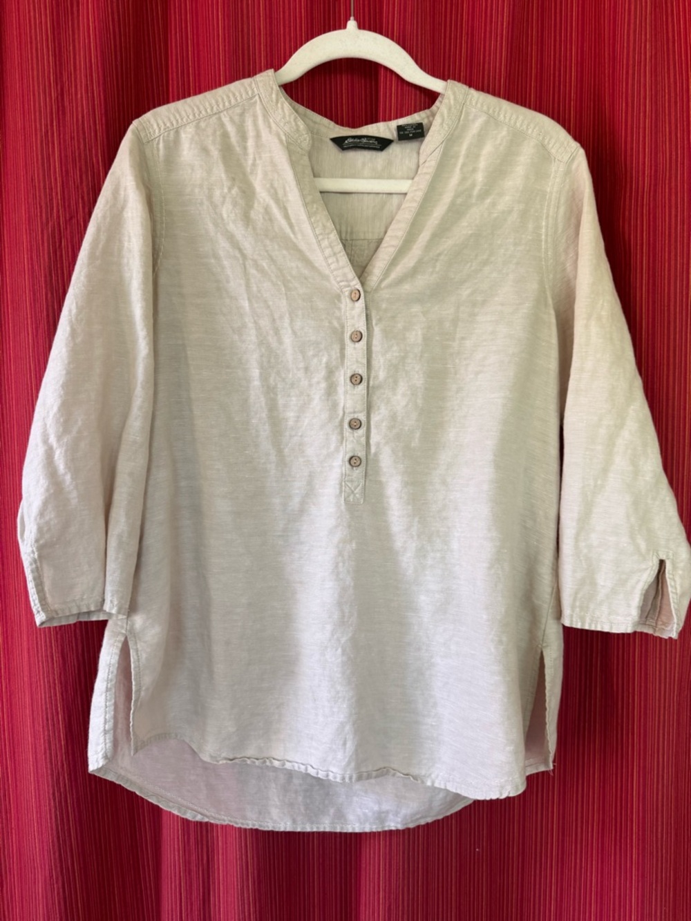 Eddie Bauer Natural Ivory Linen 1/2 button 3/4 Sleeve Tunic Shirt Size Medium